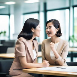 A lively and engaging photo featuring two Asian women gossiping at work