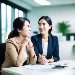 A lively and engaging photo featuring two Asian women gossiping at work