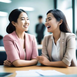 A lively and engaging photo featuring two Asian women gossiping at work