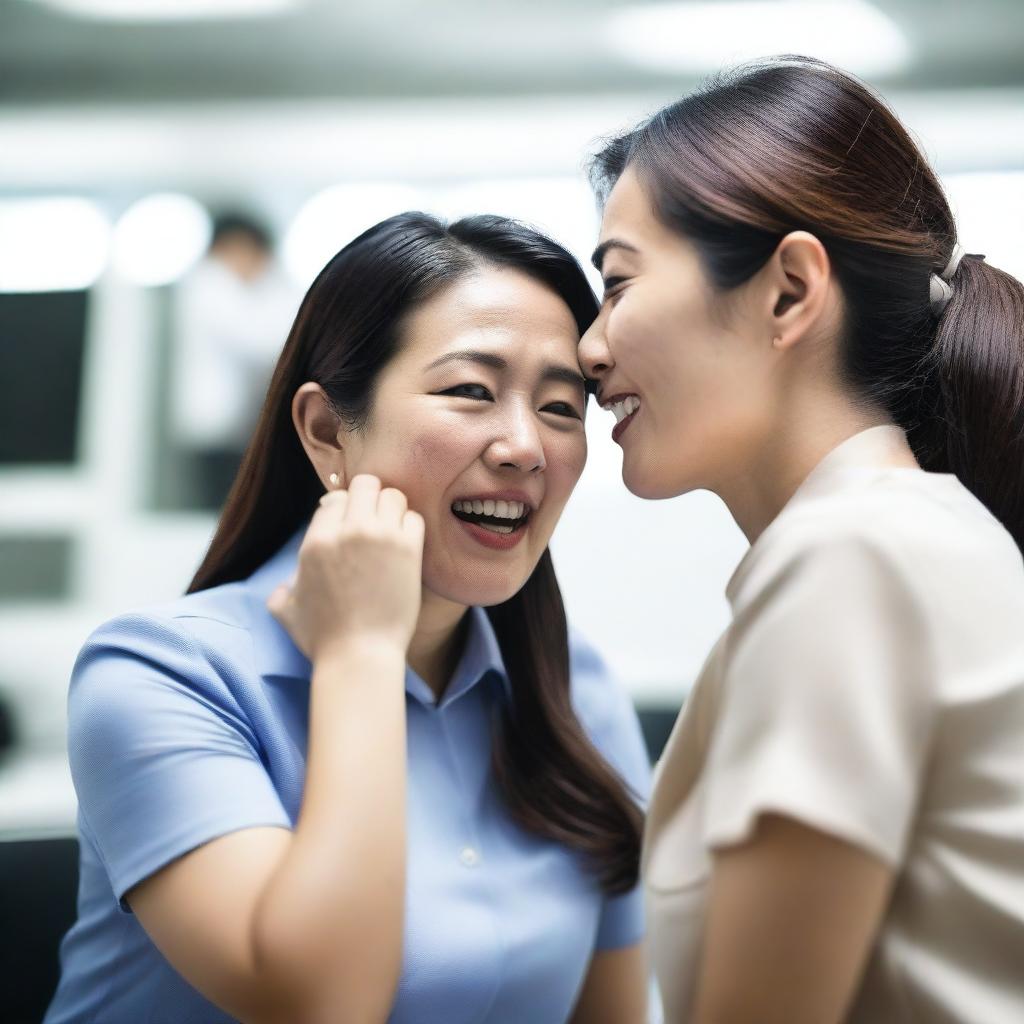 A candid and intimate photo featuring two Asian women whispering to each other at work