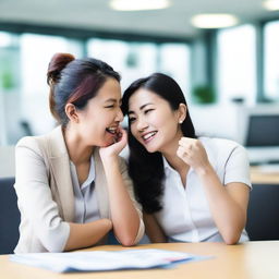 A candid and intimate photo featuring two Asian women whispering to each other at work