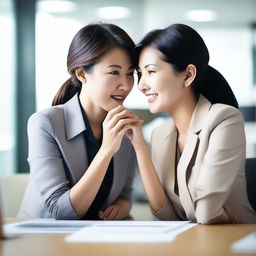 A candid and intimate photo featuring two Asian women whispering to each other at work