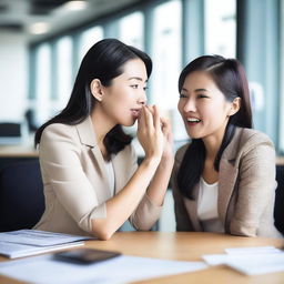 A candid and intimate photo featuring two Asian women whispering to each other at work