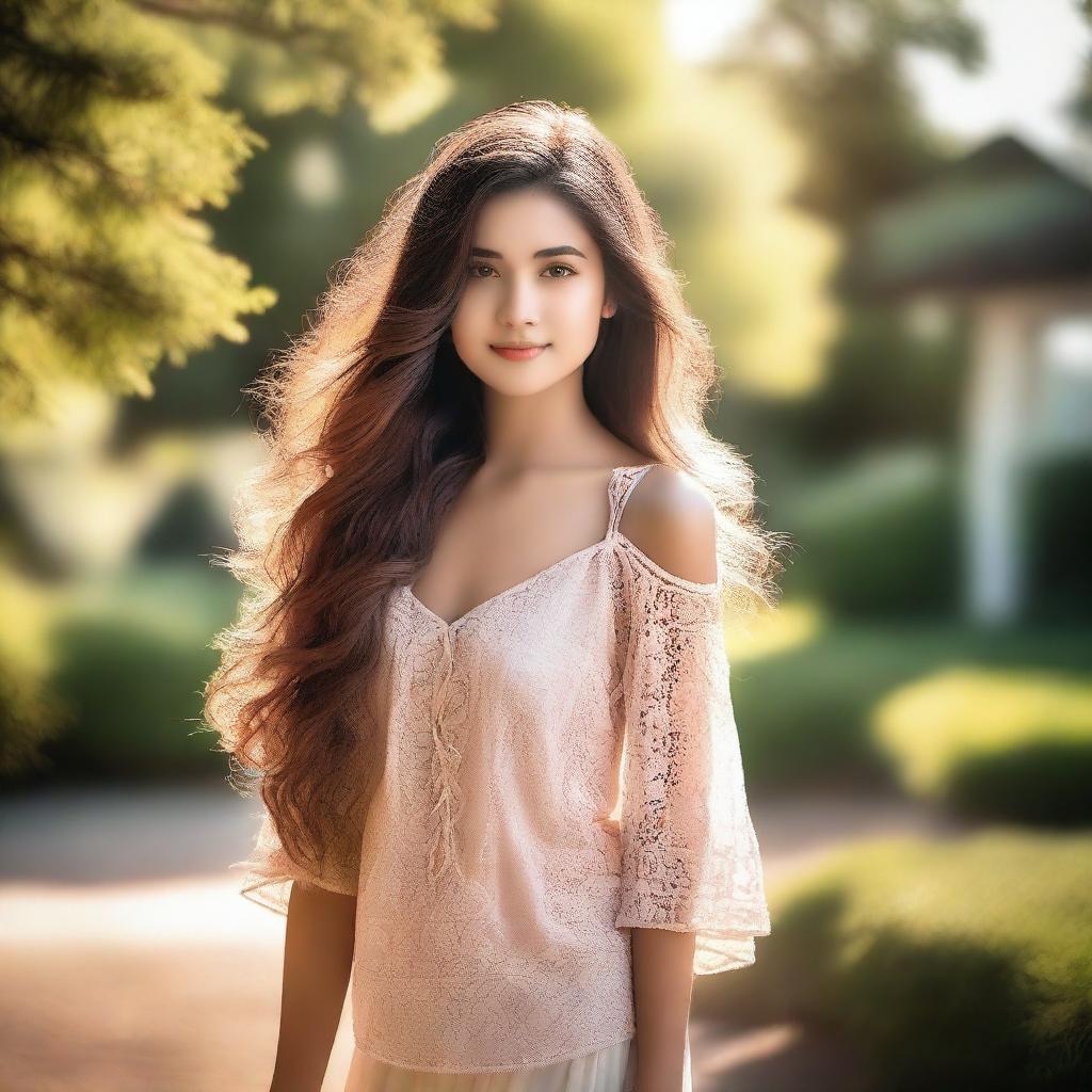 A beautiful girl with flowing hair, wearing a stylish outfit, standing in a serene outdoor setting with soft sunlight