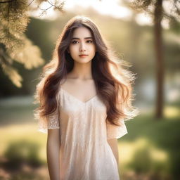 A beautiful girl with flowing hair, wearing a stylish outfit, standing in a serene outdoor setting with soft sunlight