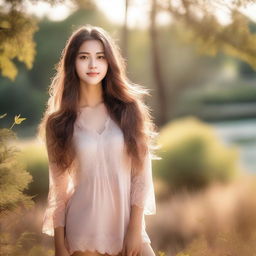 A beautiful girl with flowing hair, wearing a stylish outfit, standing in a serene outdoor setting with soft sunlight