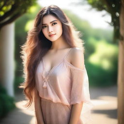 A beautiful girl with flowing hair, wearing a stylish outfit, standing in a serene outdoor setting with soft sunlight