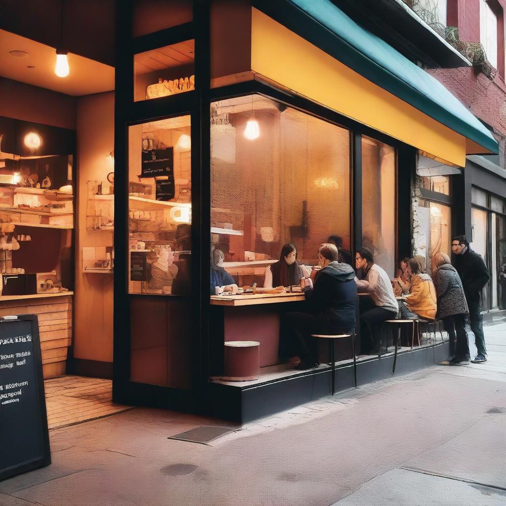 A vibrant and inviting photo featuring the glass storefront of a café, through which young people can be seen inside