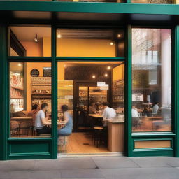 A vibrant and inviting photo featuring the glass storefront of a café, through which young people can be seen inside