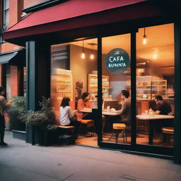 A vibrant and inviting photo featuring the glass storefront of a café, through which young people can be seen inside