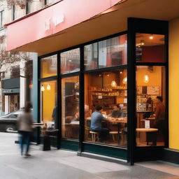 A vibrant and inviting photo featuring the glass storefront of a café, through which young people can be seen inside