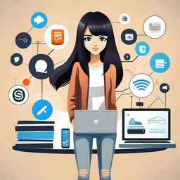 A girl with black hair and brunette highlights, standing in a modern setting with elements related to the Internet, such as social media icons, a laptop, and a Wi-Fi symbol