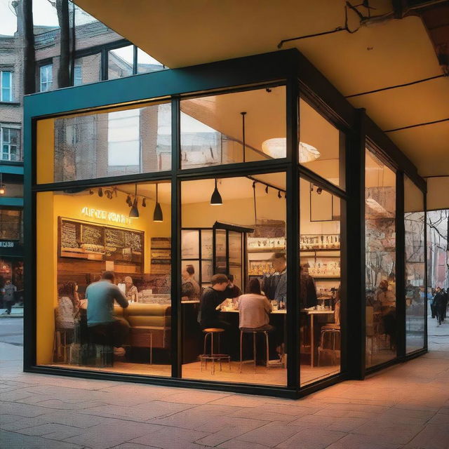 A vibrant and inviting photo featuring the large glass storefront of a café, through which young people can be seen inside