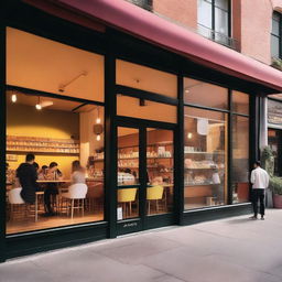 A vibrant and inviting photo featuring the large glass storefront of a café, through which young people can be seen inside