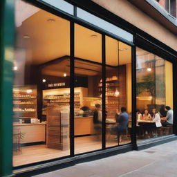 A vibrant and inviting photo featuring the large glass storefront of a café, through which young people can be seen inside