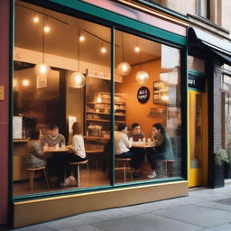 A vibrant and inviting photo featuring the large glass storefront of a café, through which young people can be seen inside