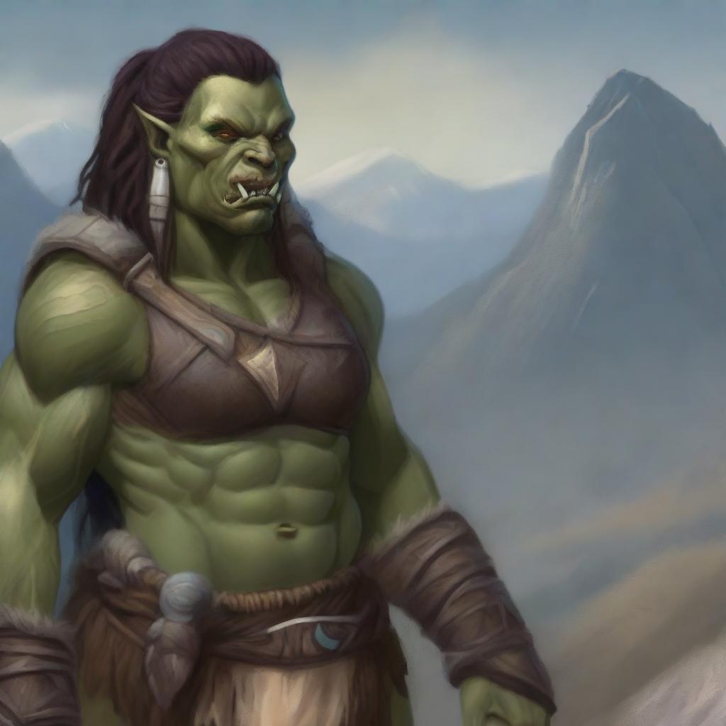 A middle-aged female orc barbarian standing in a rugged landscape