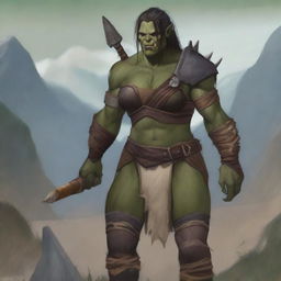 A middle-aged female orc barbarian standing in a rugged landscape