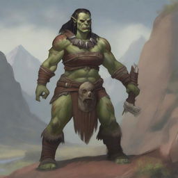 A middle-aged female orc barbarian standing in a rugged landscape