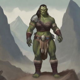 A middle-aged female orc barbarian standing in a rugged landscape