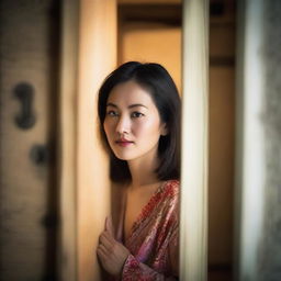 A captivating and intriguing photo featuring a beautiful Asian woman eavesdropping behind a slightly ajar door