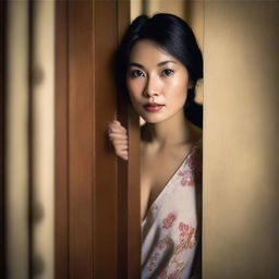 A captivating and intriguing photo featuring a beautiful Asian woman eavesdropping behind a slightly ajar door