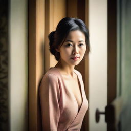 A captivating and intriguing photo featuring a beautiful Asian woman eavesdropping behind a slightly ajar door