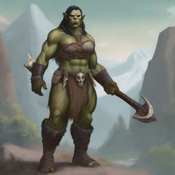 A middle-aged female orc barbarian with a strong yet attractive appearance, standing in a rugged landscape