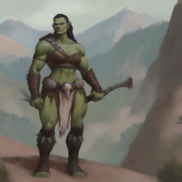 A middle-aged female orc barbarian with a strong yet attractive appearance, standing in a rugged landscape