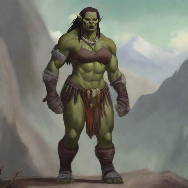 A middle-aged female orc barbarian with a strong yet attractive appearance, standing in a rugged landscape