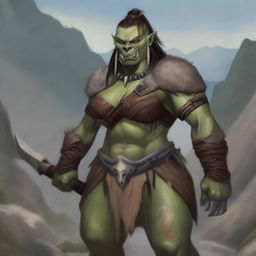 A middle-aged female orc barbarian with a strong yet attractive appearance, standing in a rugged landscape