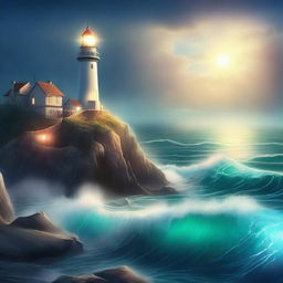 A majestic lighthouse perched on a sheer cliff, its powerful light beam illuminating the vast ocean below