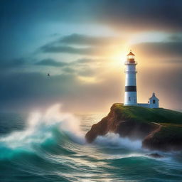 A majestic lighthouse perched on a sheer cliff, its powerful light beam illuminating the vast ocean below