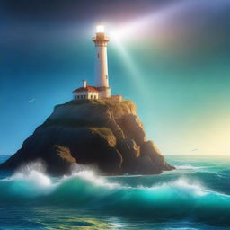 A majestic lighthouse perched on a sheer cliff, its powerful light beam illuminating the vast ocean below