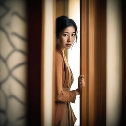 A captivating and intriguing photo featuring a beautiful Asian woman eavesdropping behind a slightly ajar door, ensuring that no one sees her