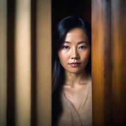 A captivating and intriguing photo featuring a beautiful Asian woman eavesdropping behind a slightly ajar door, ensuring that no one sees her