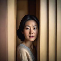 A captivating and intriguing photo featuring a beautiful Asian woman eavesdropping behind a slightly ajar door, ensuring that no one sees her