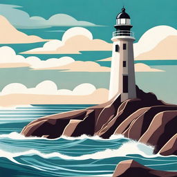 A beautifully designed art deco lighthouse standing tall on a rocky cliff