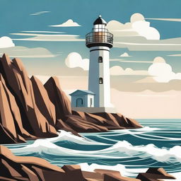 A beautifully designed art deco lighthouse standing tall on a rocky cliff