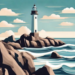 A beautifully designed art deco lighthouse standing tall on a rocky cliff