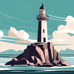 A beautifully designed art deco lighthouse standing tall on a rocky cliff