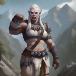 An albino female orc barbarian with striking blue eyes, standing in a rugged landscape