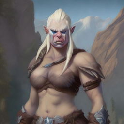 An albino female orc barbarian with striking blue eyes, standing in a rugged landscape