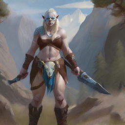 An albino female orc barbarian with striking blue eyes, standing in a rugged landscape