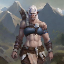 An albino female orc barbarian with striking blue eyes, standing in a rugged landscape