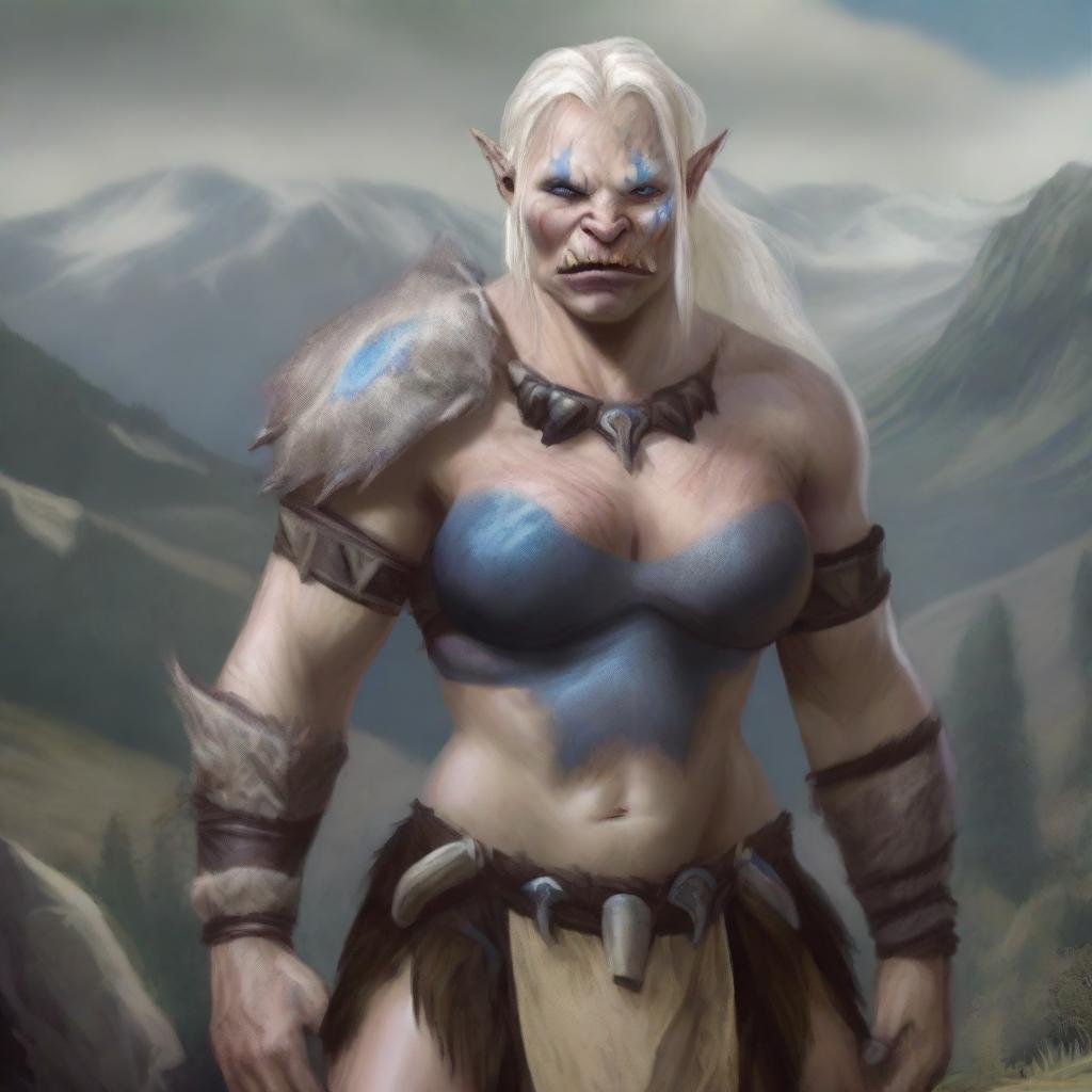 An albino middle-aged female orc barbarian with striking blue eyes, standing in a rugged landscape