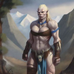 An albino middle-aged female orc barbarian with striking blue eyes, standing in a rugged landscape