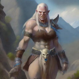 An albino middle-aged female orc barbarian with striking blue eyes, standing in a rugged landscape