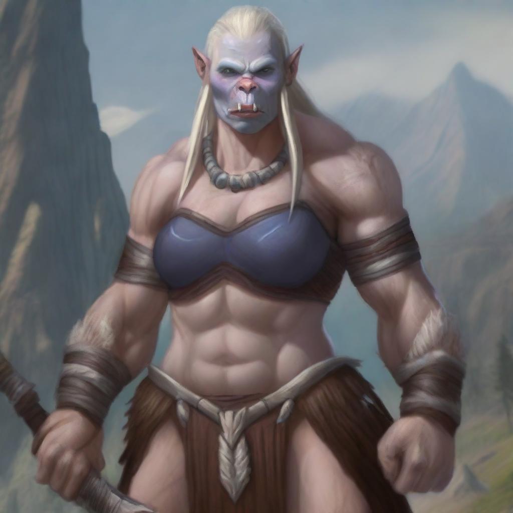 An albino middle-aged female orc barbarian with striking blue eyes, standing in a rugged landscape