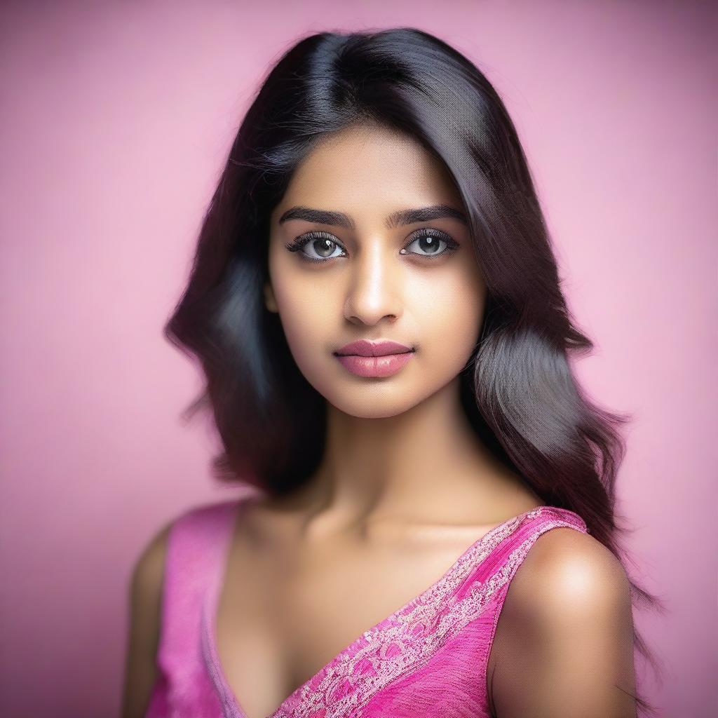 A portrait of a beautiful 20-year-old Indian woman, visible from head to upper chest